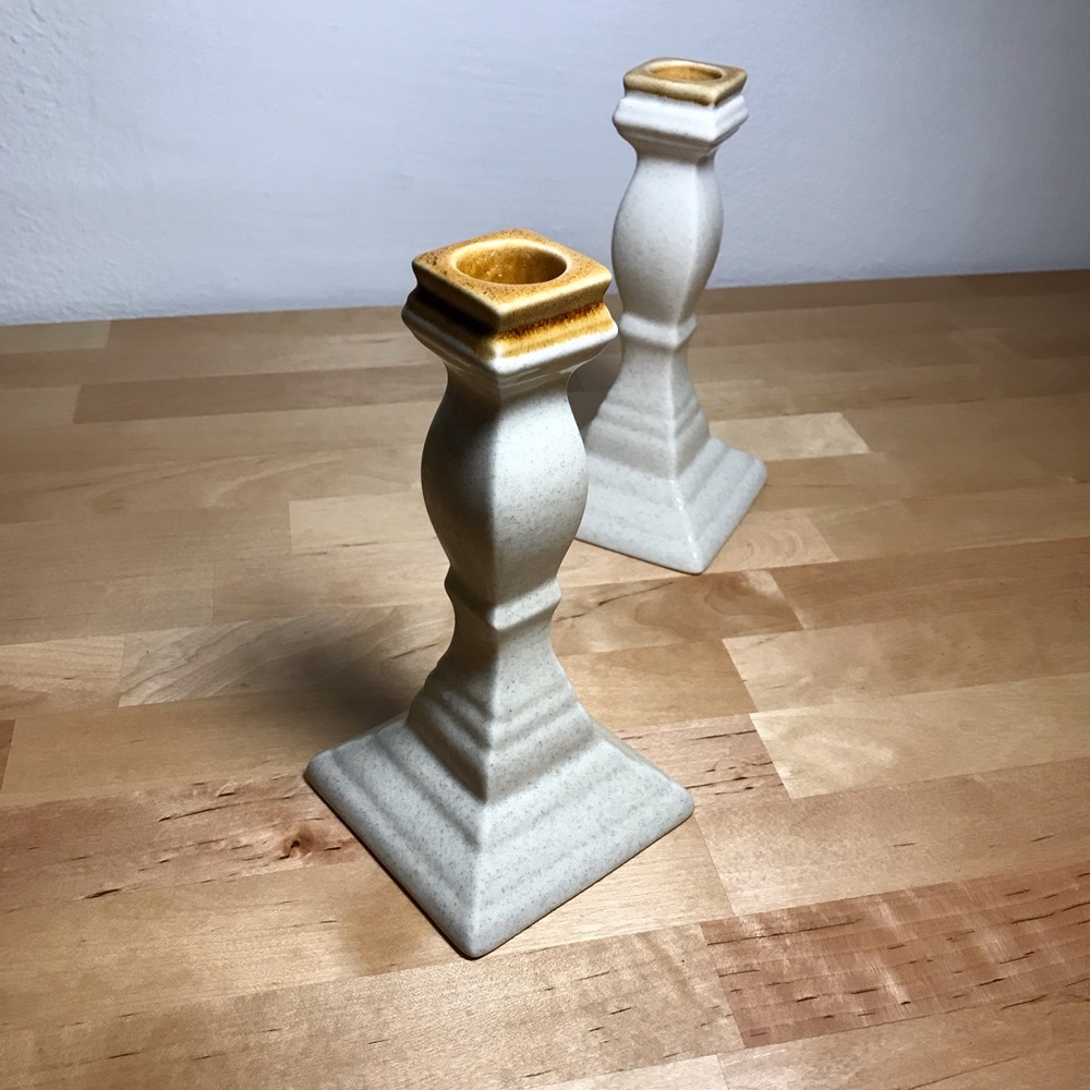 Set of 2 Vintage Mikasa Ceramic Sand Brown Taper Candle Holders Made in Japan